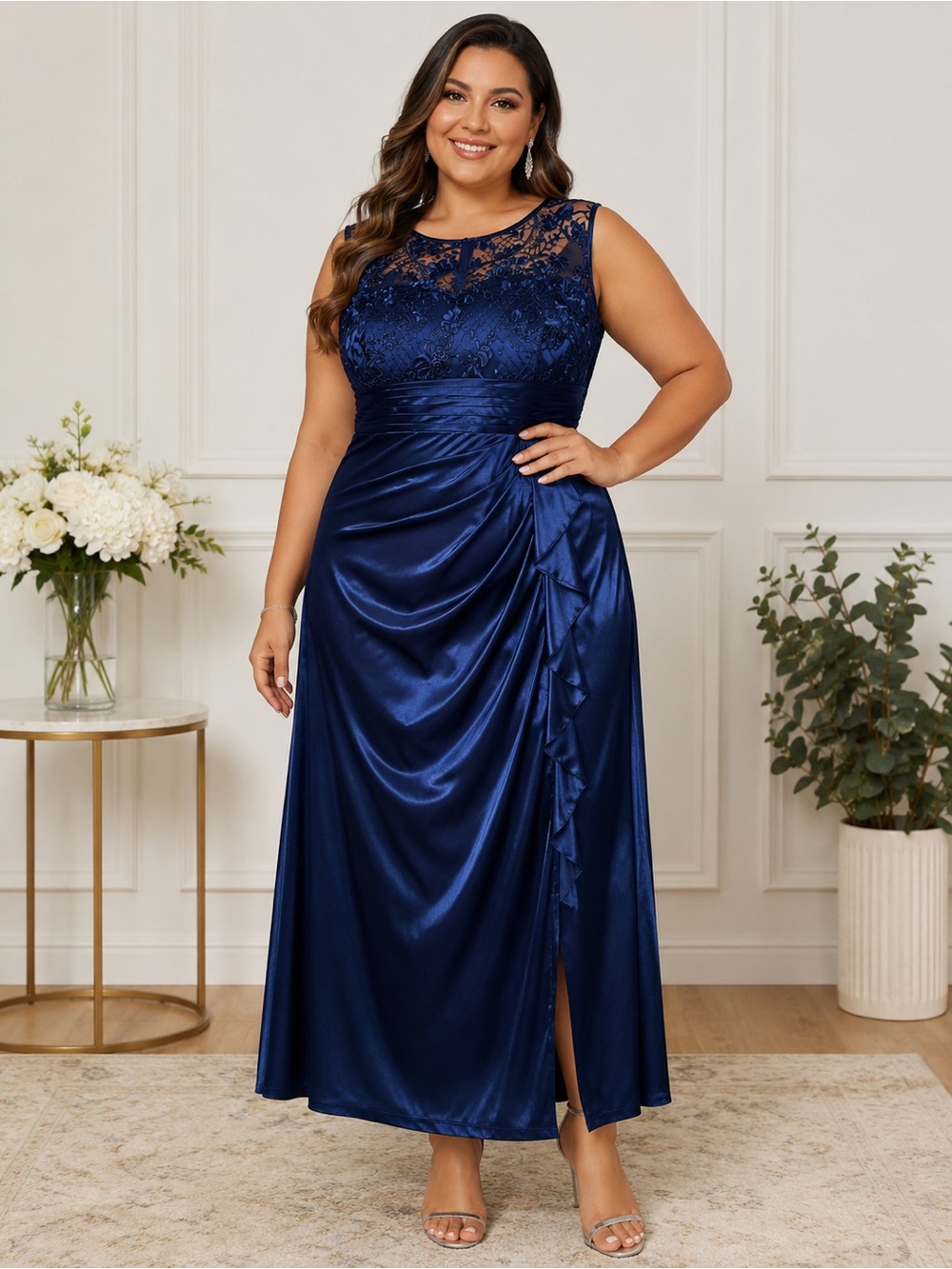 VFshow Women’s 3XL Navy Blue Lace Satin Formal Evening Gown Dress NWT
